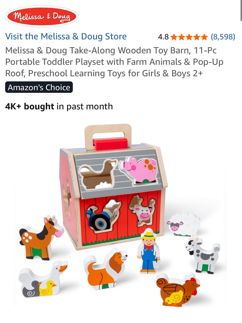 *Like New*Melissa & Doug Red Wooden Take-Along Toy Barn with Farm Animals